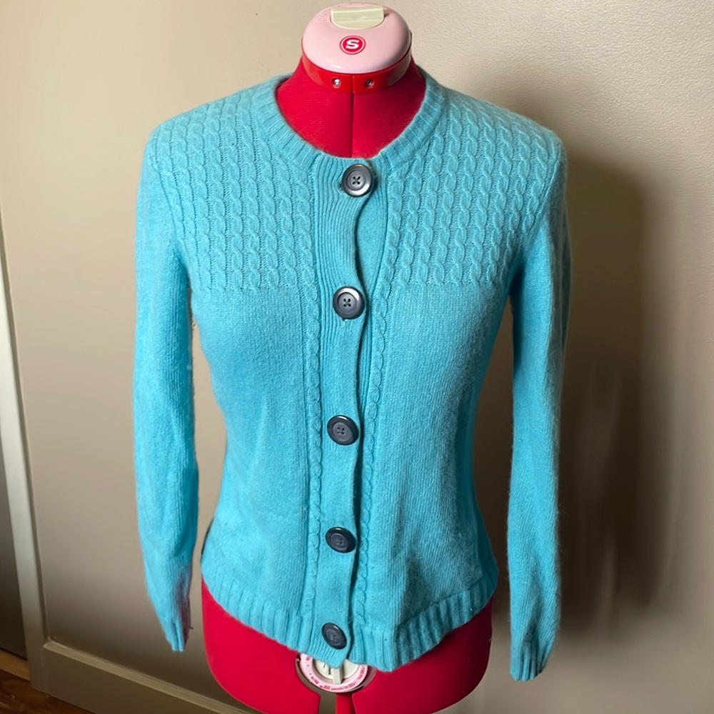 GAP vintage angora knit baby blue cardigan sweater with cable knit detail